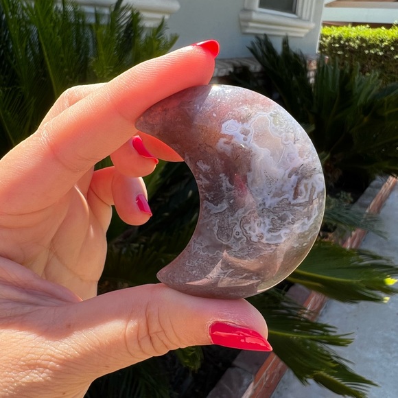 Purple Blue Moss Agate Crescent Moon Carving - Picture 1 of 5